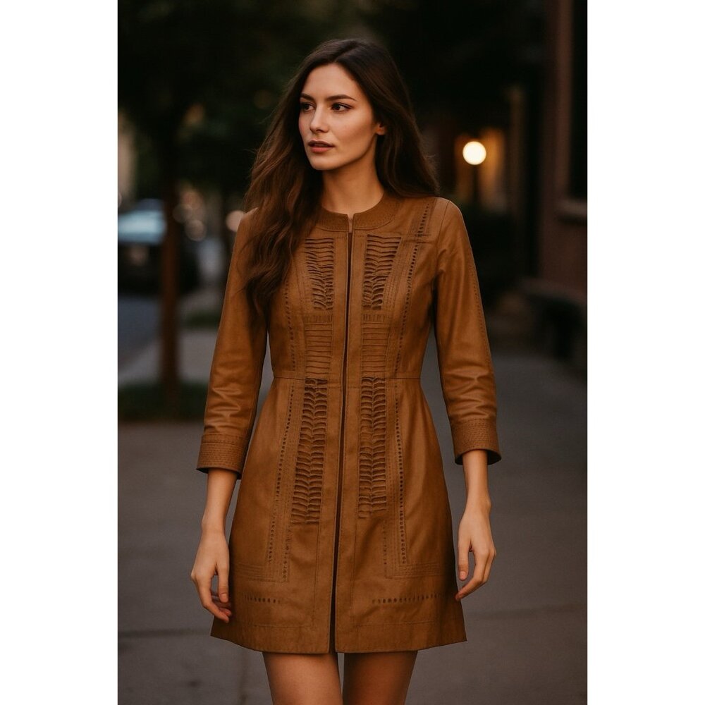 Elie Tahari Cecilia Leather Jacket Lattice Cutout Brown Women’s Size XS